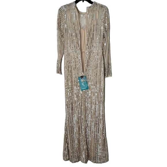 FLAWED NWT Mac Duggal Sheer Full Sequined A-Line Gown Dress in Rose Gold size 4 - Picture 9 of 13